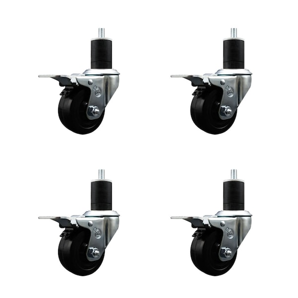 3'' SS Soft Rubber Swivel 1-3/4'' Expanding Stem Caster Set Total Lock Brake, 4PK